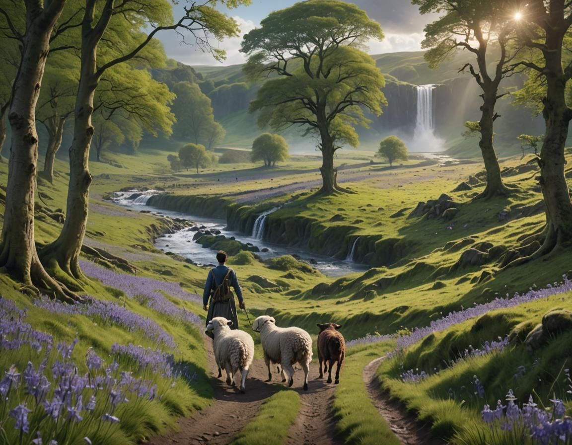 Cinematic Waterfall Landscape with Bluebell Wood