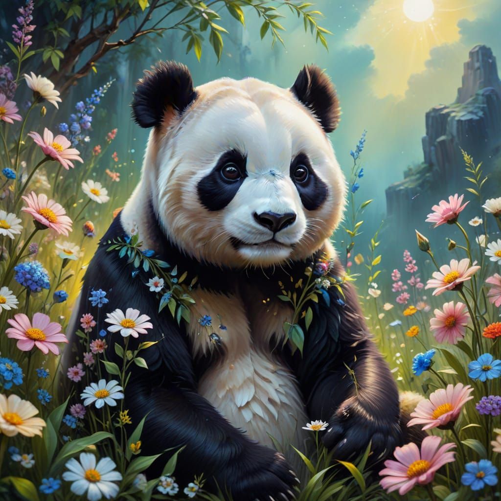 Surreal Panda Among Flowers with Ethereal Glow
