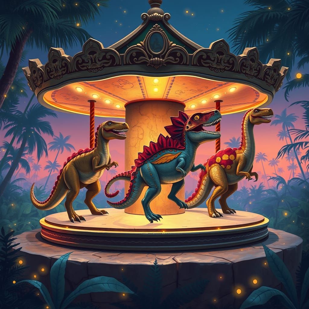 Prehistoric Carousel: Dinosaurs in Children's Book Style