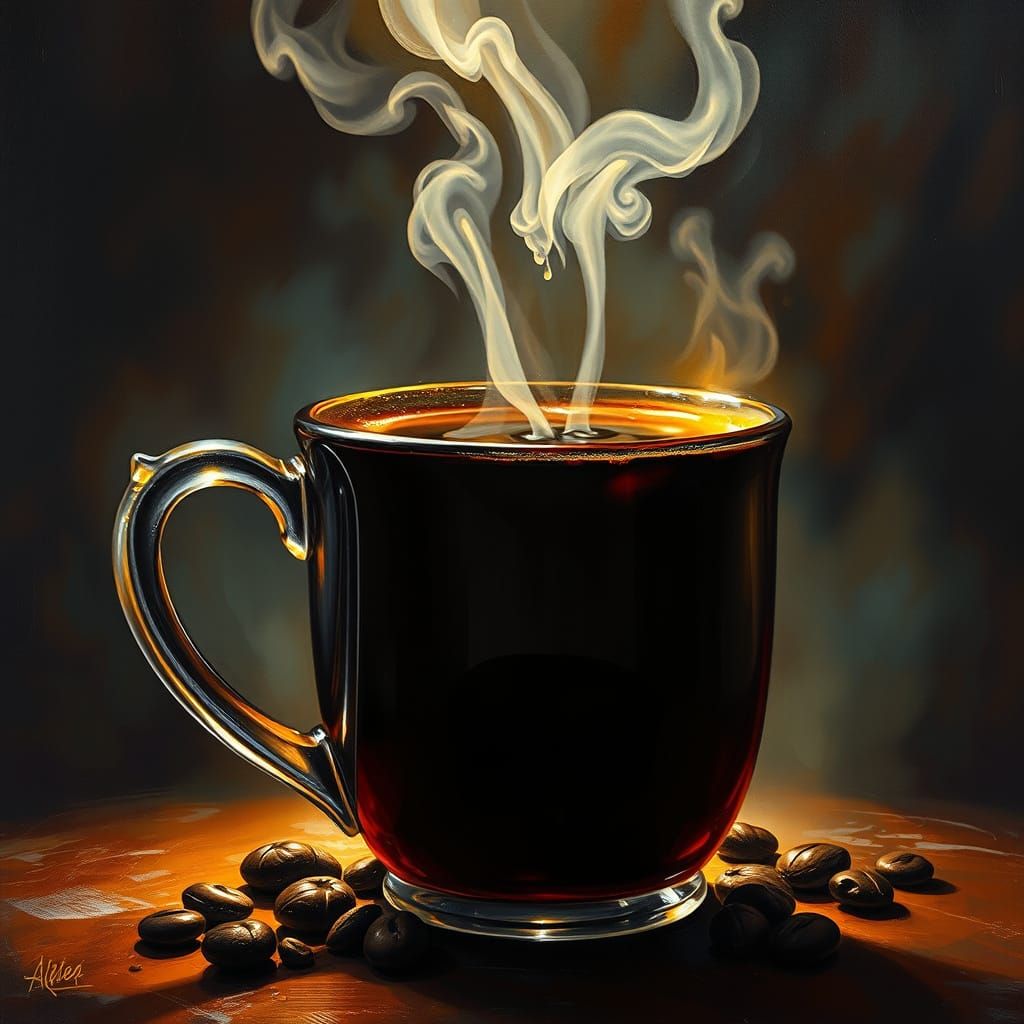 Divine Steaming Coffee in Dark Fantasy Oil Painting Style