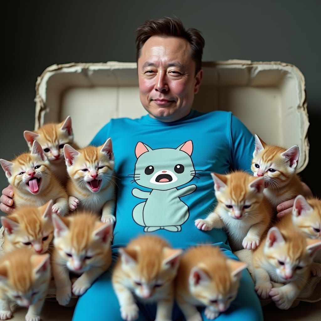Surreal Elon Musk with Crying Kittens, Photorealistic