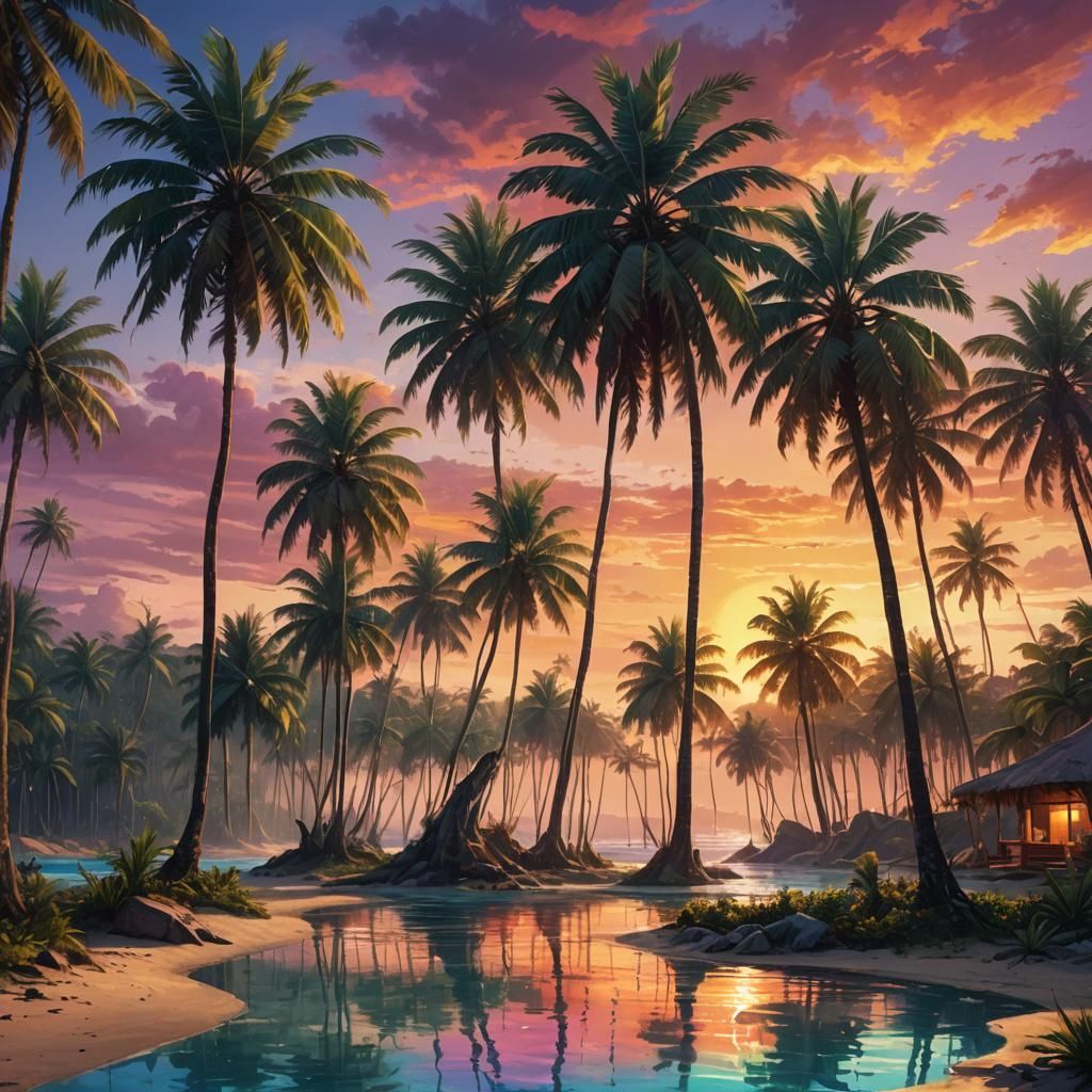 Fantasy Beach Scene: Vibrant Oil Painting at Sunset