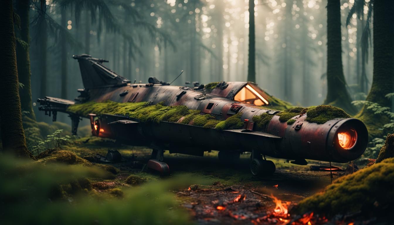 Crashed Fighter Plane in Cyberpunk Forest