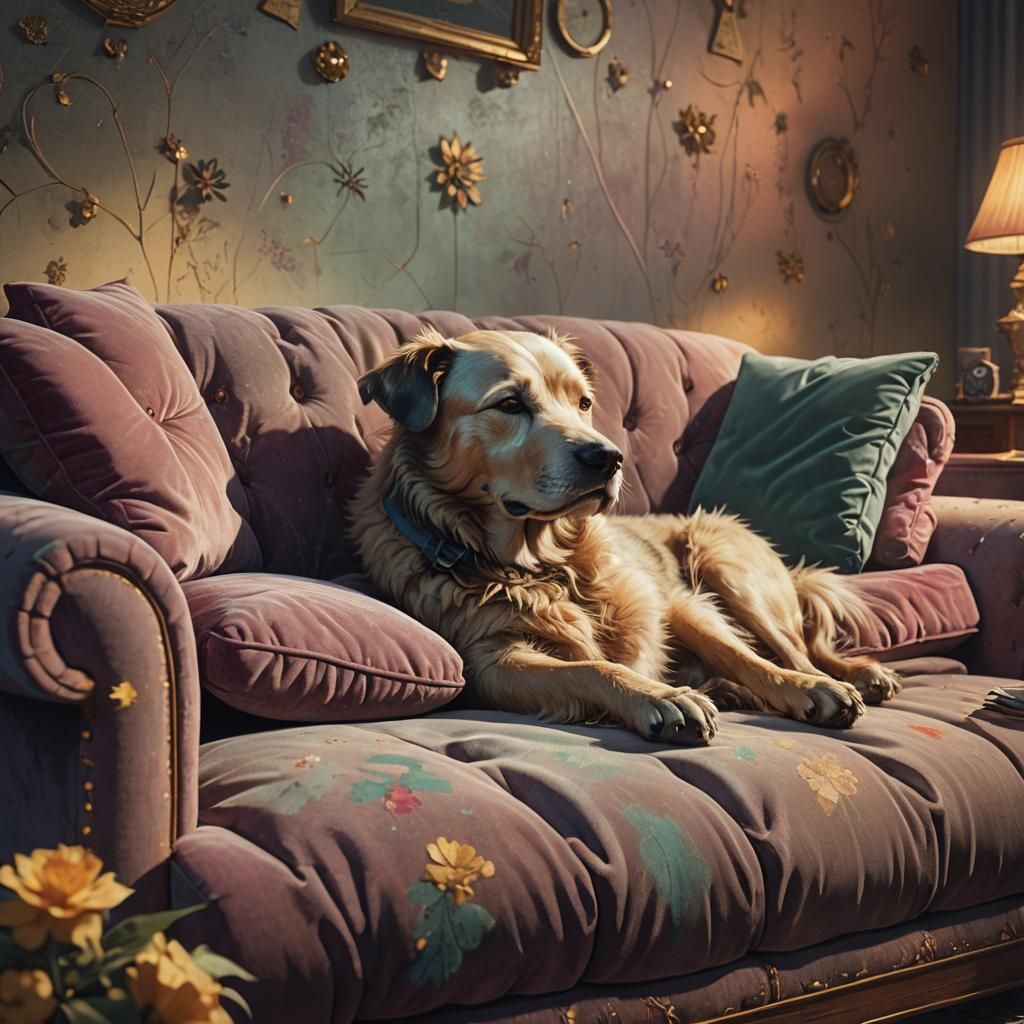 Dog Asleep on Velvet Couch: Fantasy Concept Art