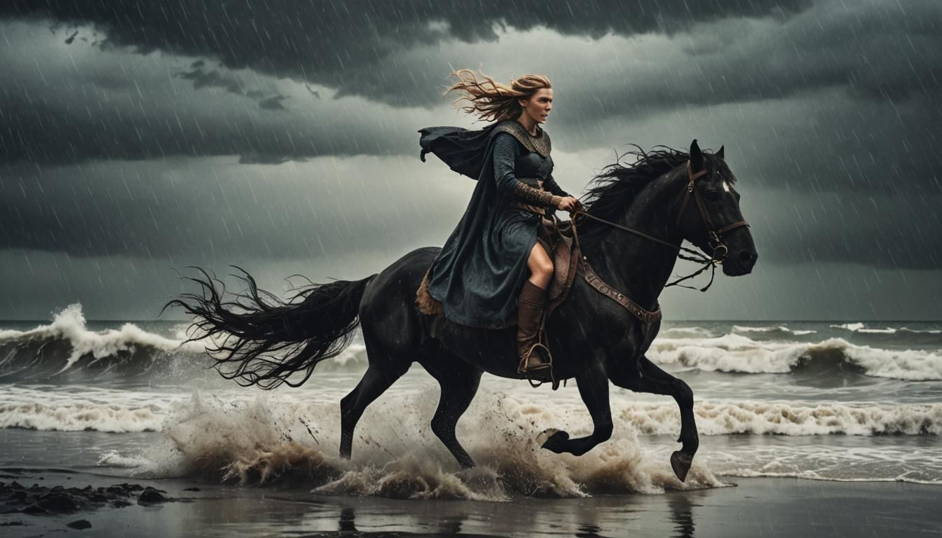 Viking Princess on Black Stallion in Storm