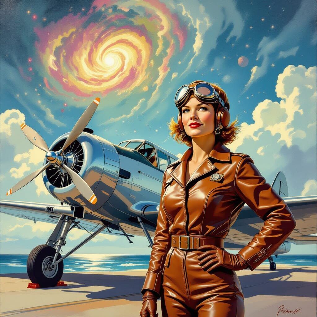Amelia Earhart Beside Retro-Futuristic Seaplane in Nebula Sk...
