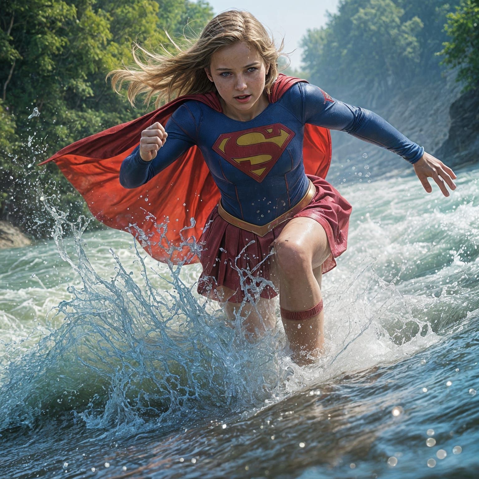 Supergirl in Dynamic Pose Saves Child from Turbulent River i...