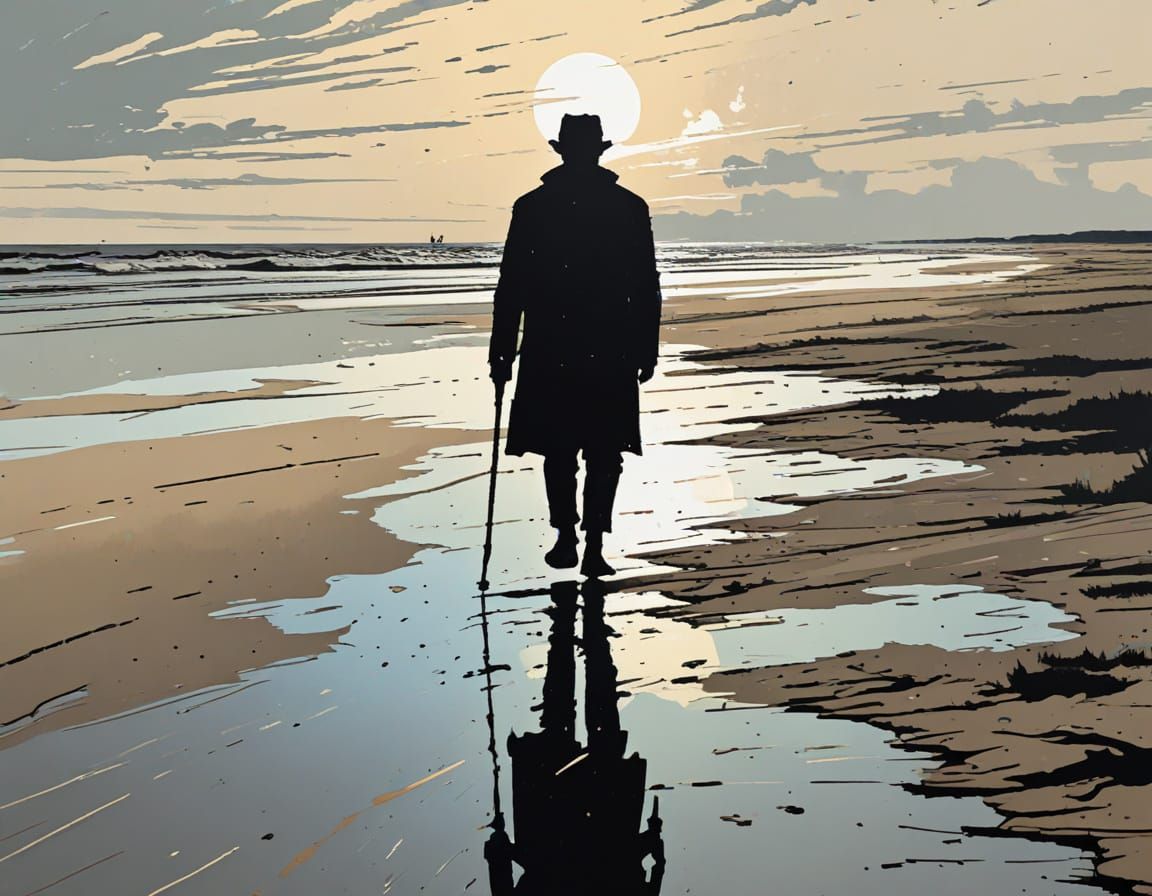 Lonely Walker on Wadden Sea Beach, Woodcut Art