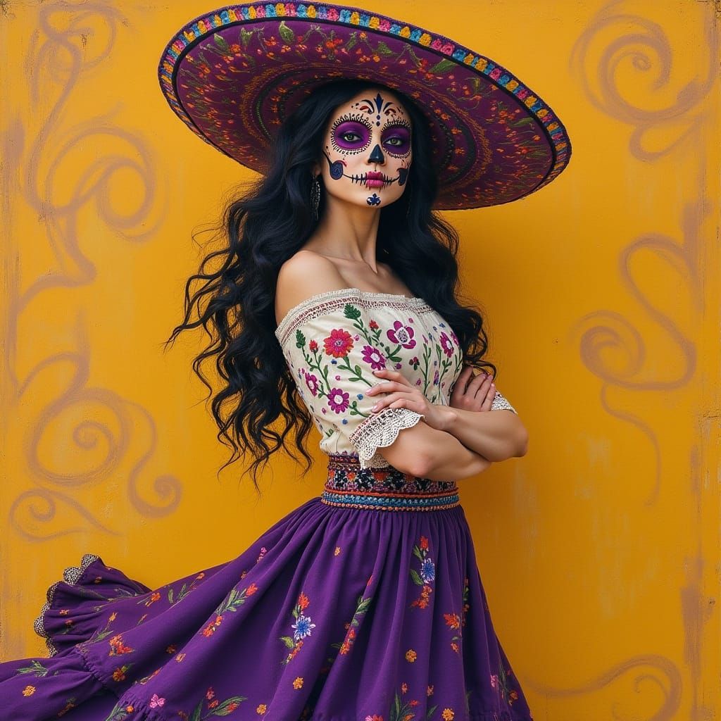 Mystical Sugar Skull Goddess in Vibrant Mexican Folk Art Sty...