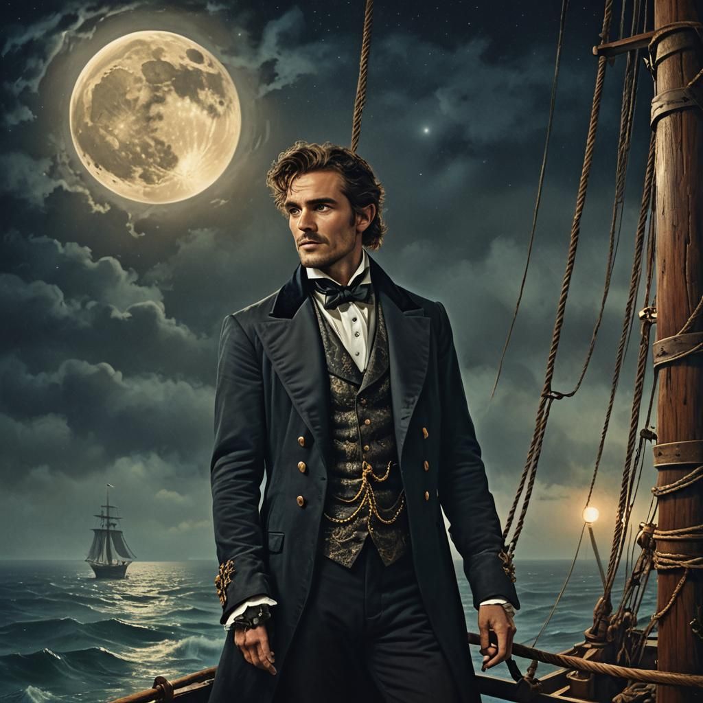 Luxurious Tailcoat Swaying on Ship Mast in Moonlight
