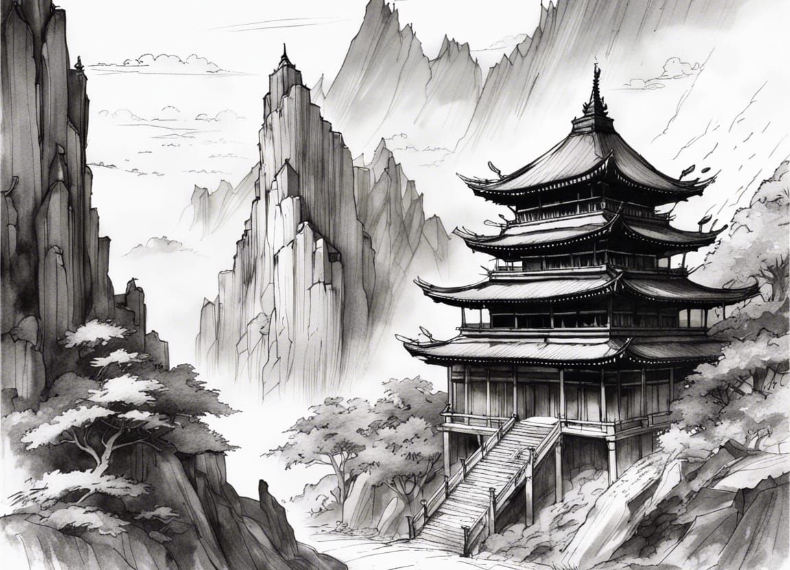 Mountain Temple: Sumi-i Style Ink Drawing