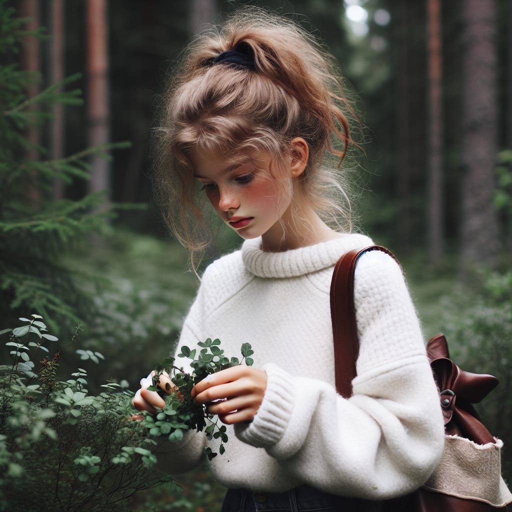 Girl Collecting Herbs in Forest