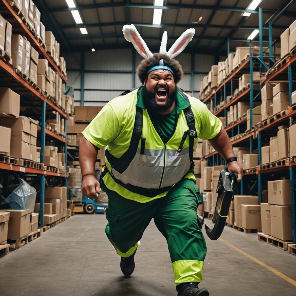 Man with Rabbit Ears Running in Warehouse