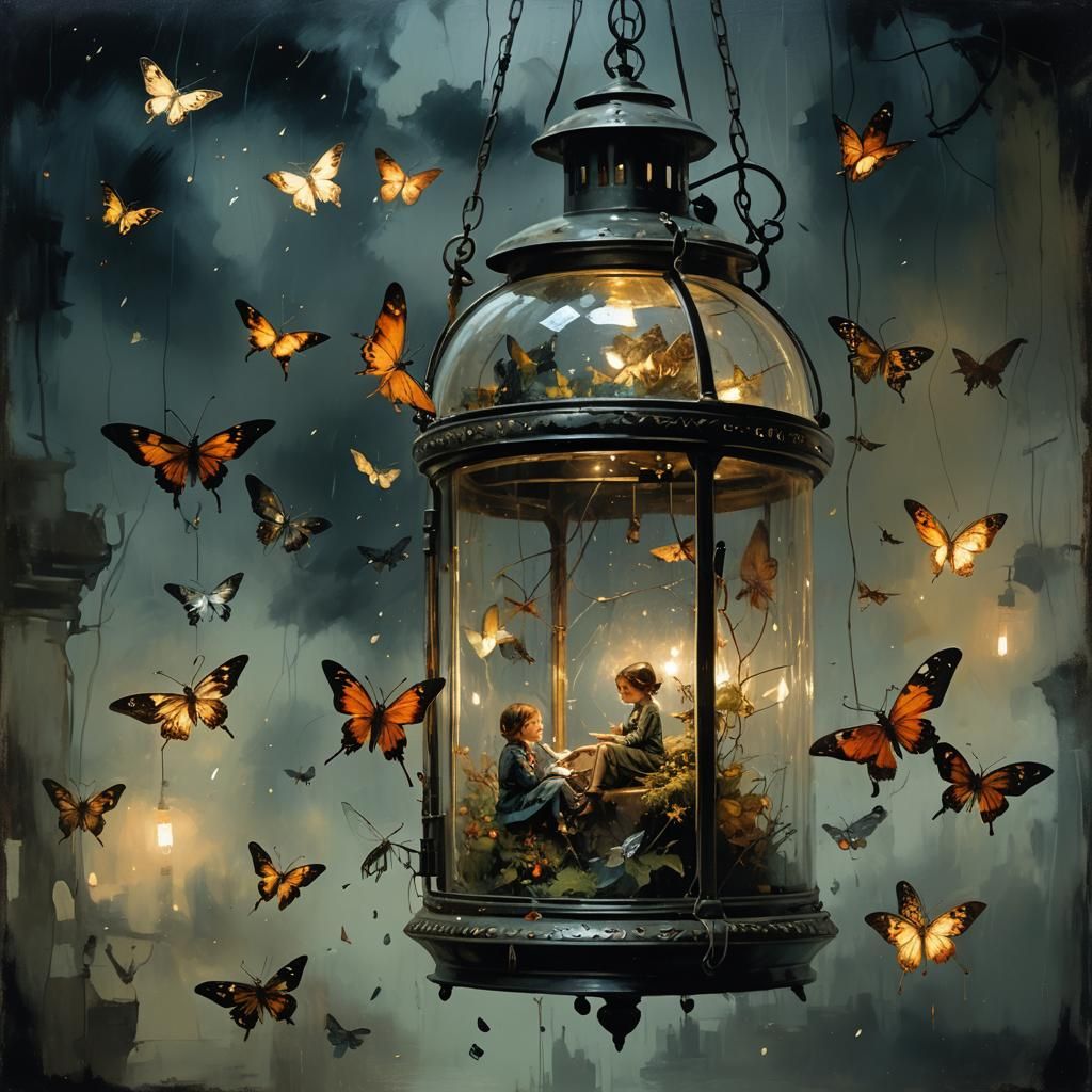 Fairy in Antique Lantern: Oil Painting Night Scene