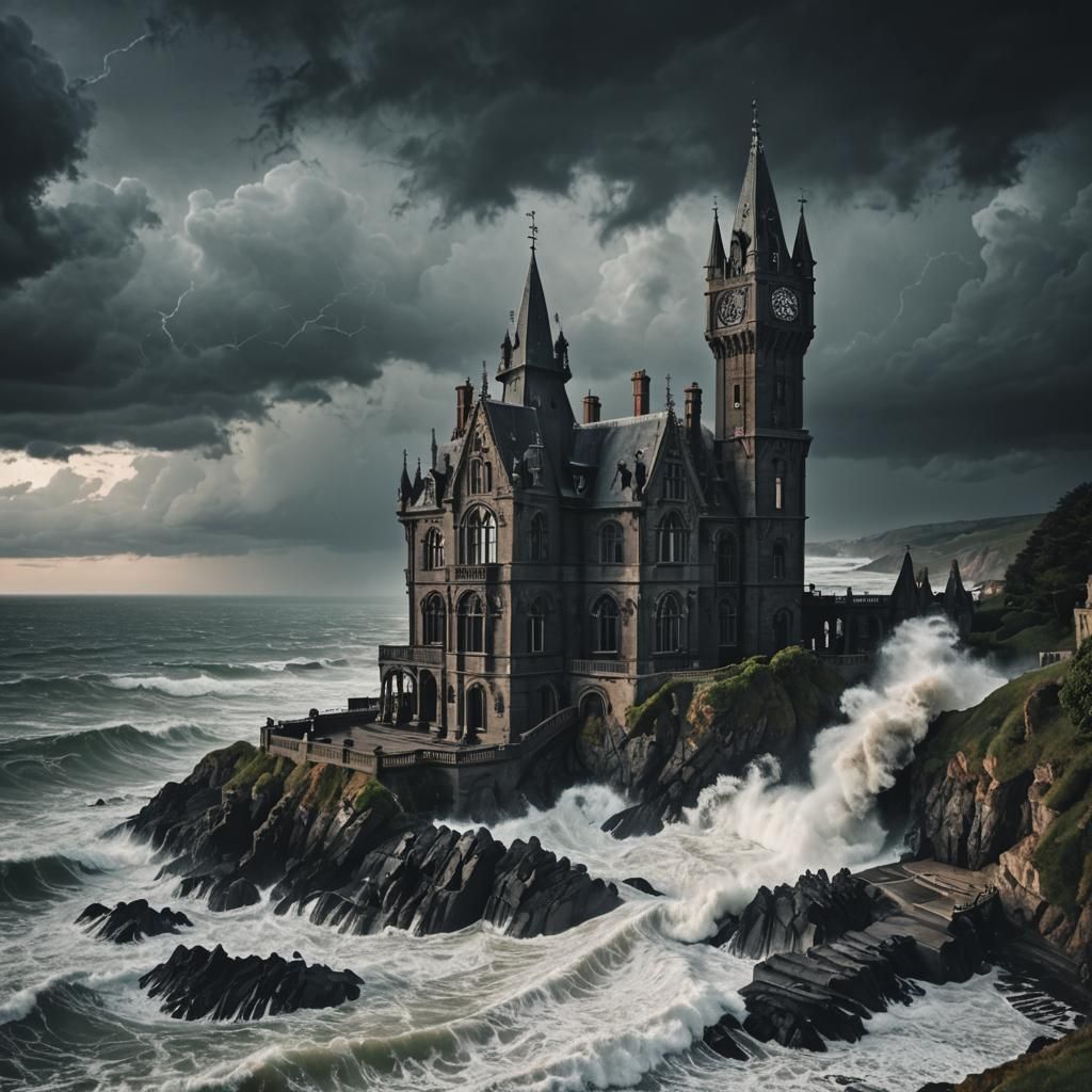 Gothic Mansion Overlooking Stormy Sea