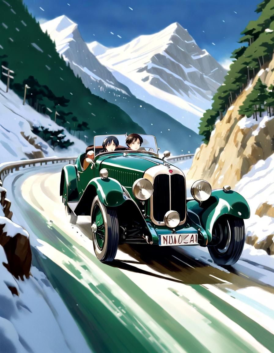 British Racing Green Car on Snowy Monte Carlo Road