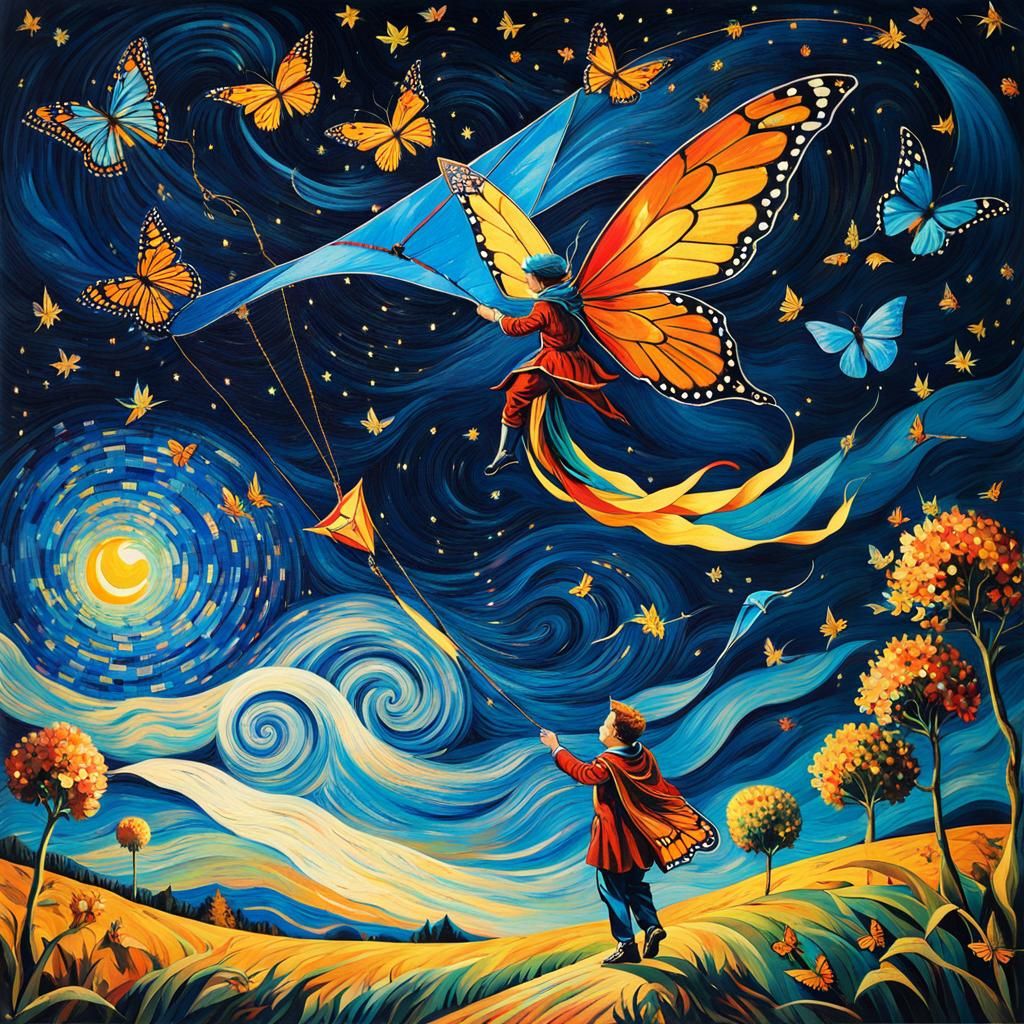 Fairy Flies Kite in Starry Night, Van Gogh Style