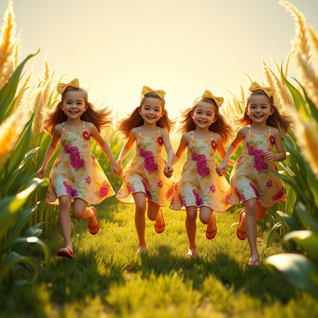Four Identical Sisters Run Hand in Hand through a Vibrant Co...