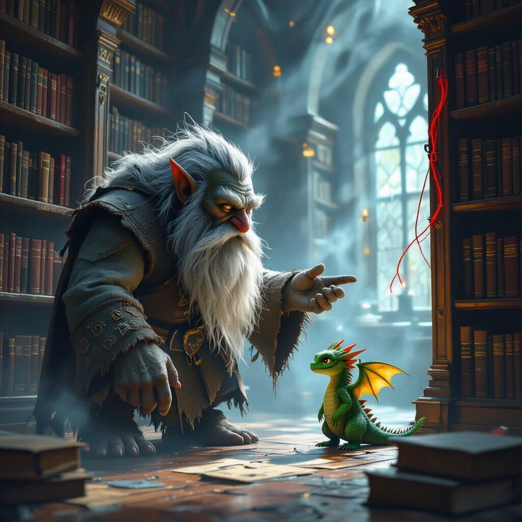 Wise Troll Warns Dragon in Grand Library