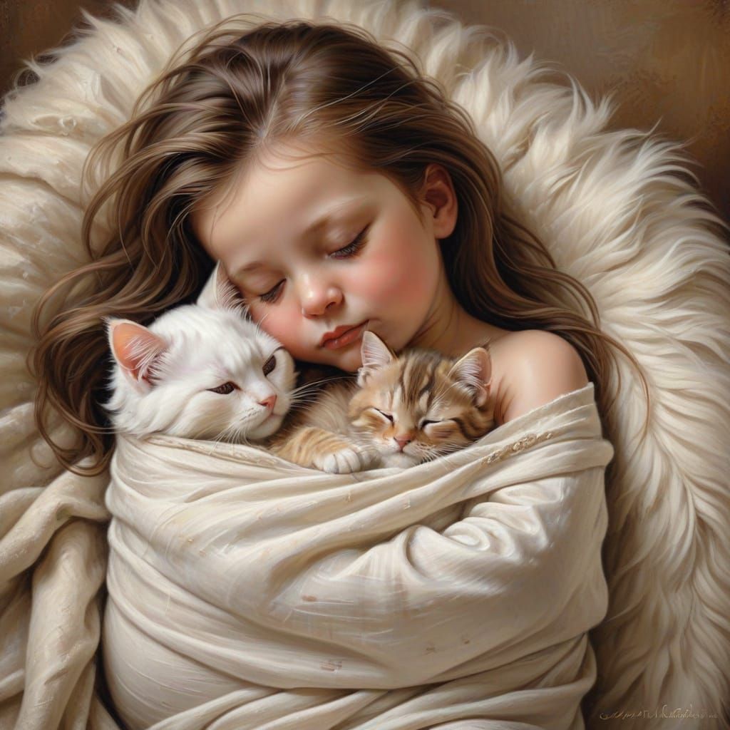 Newborn Baby and Cat Cuddling in Oil Painting Style