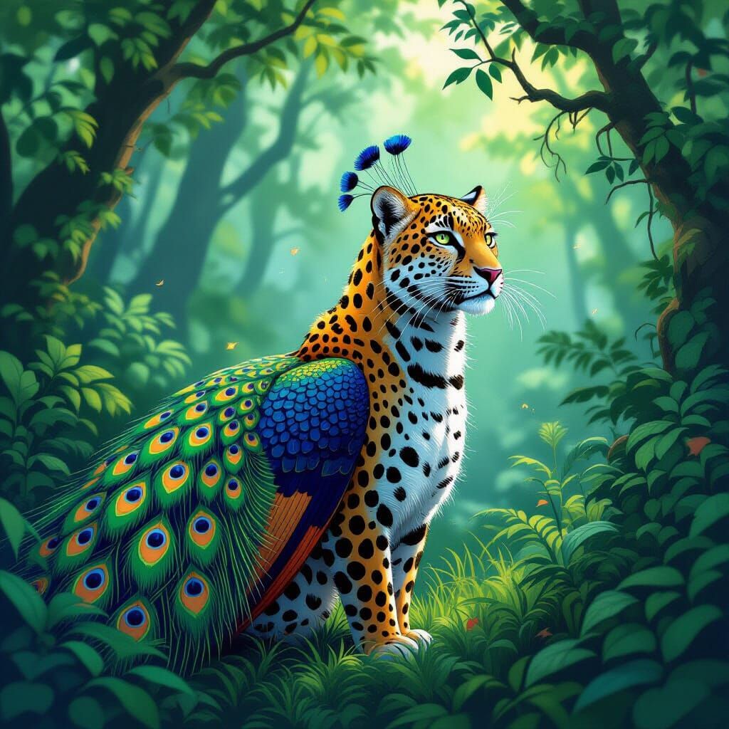 Leopard-Peacock Hybrid in Digital Painting Style