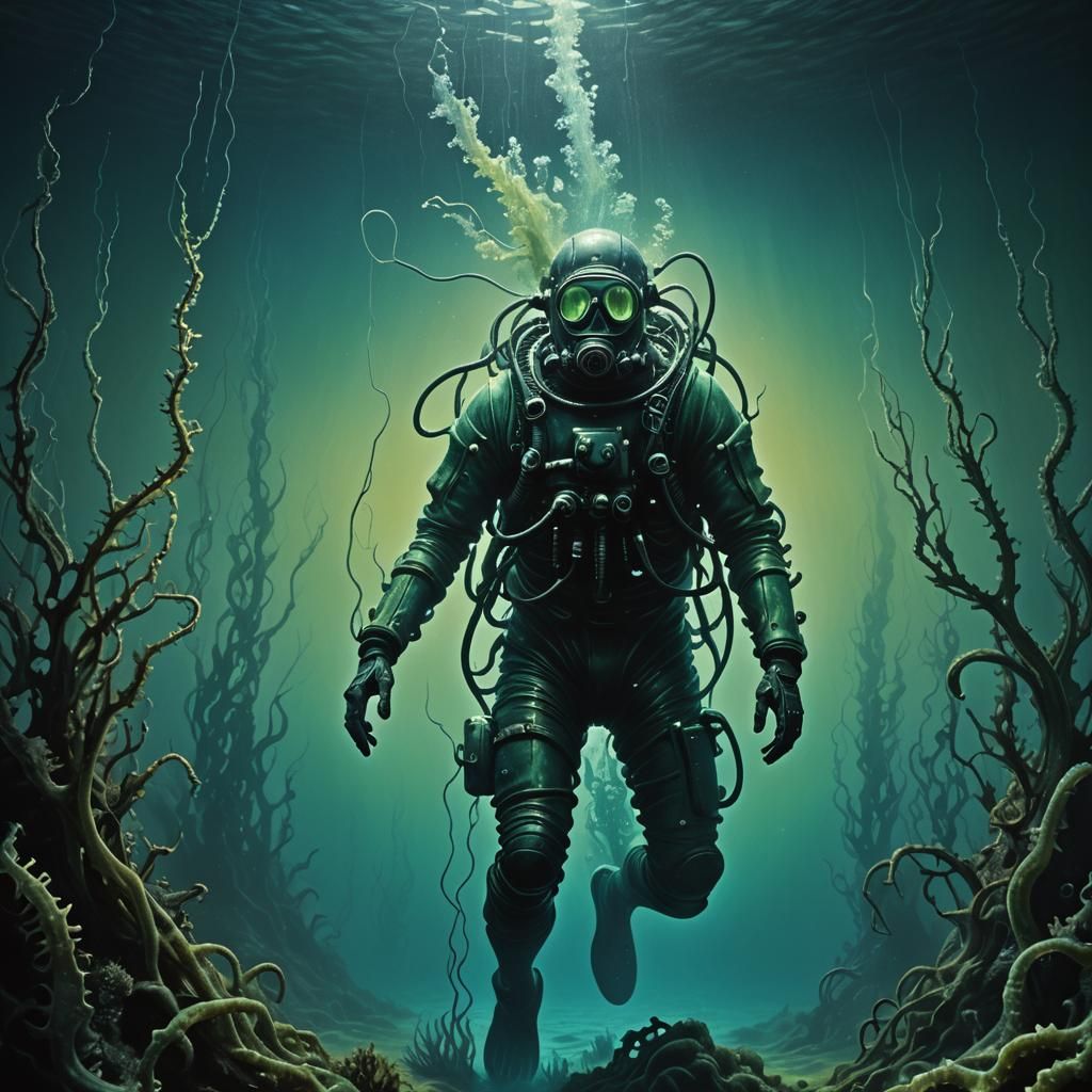 Diver Descends into Bioluminescent Dark Ocean Depths