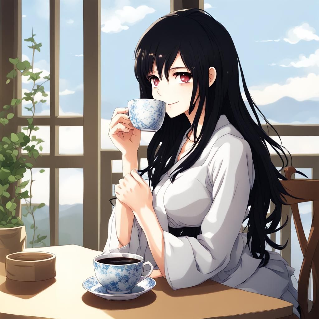 Anime Woman with Coffee: Good Morning Manga Art