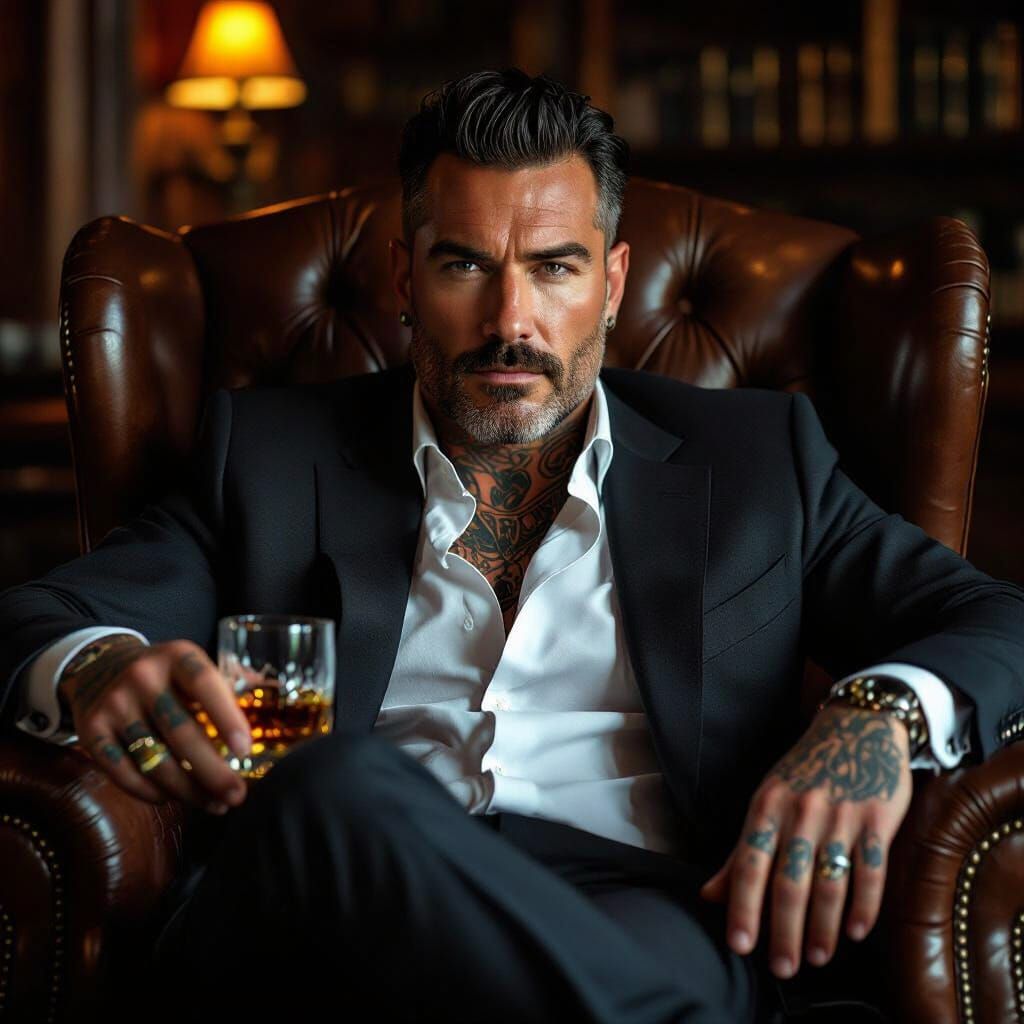 Man with Tattoos in Luxurious Study