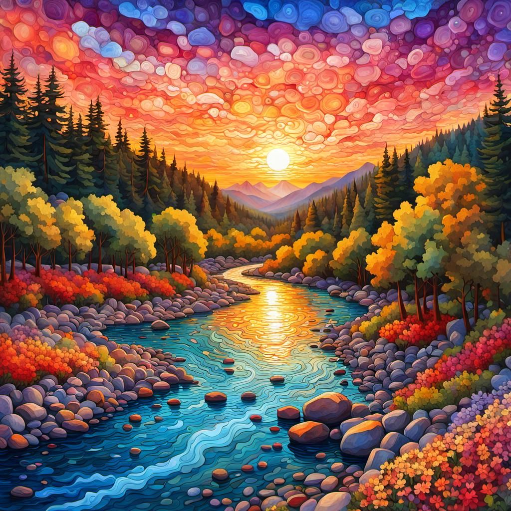 Colorful River Scene Digital Illustration