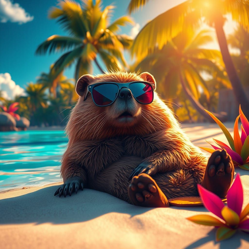 Surreal Beaver in Tropical Paradise with Vibrant Hues
