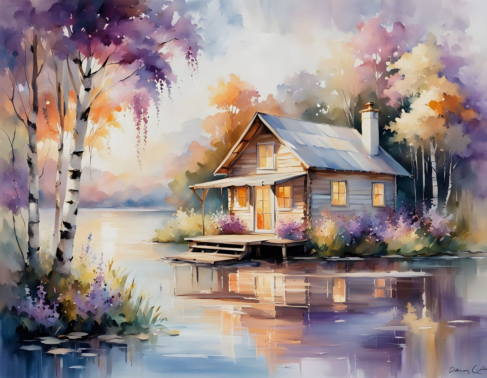 Luxury Cabin by Serene Lake in Watercolour Style