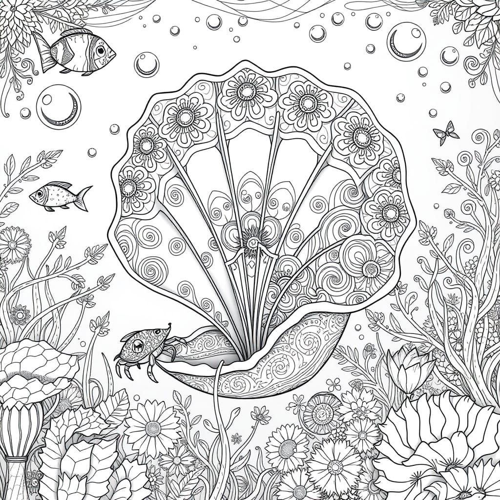 Intricate Underwater World in Whimsical Black and White Line...