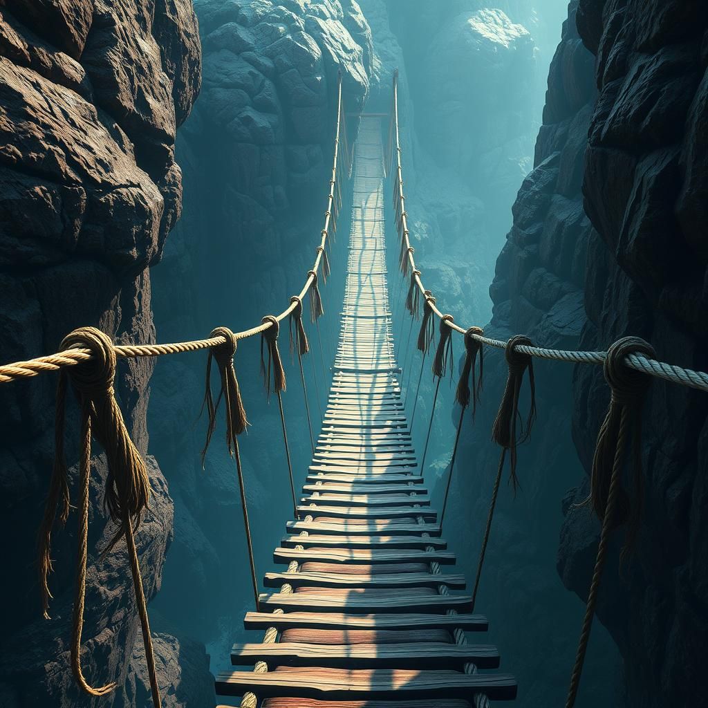 Rope Bridge Over Deep Ravine: Detailed Matte Painting