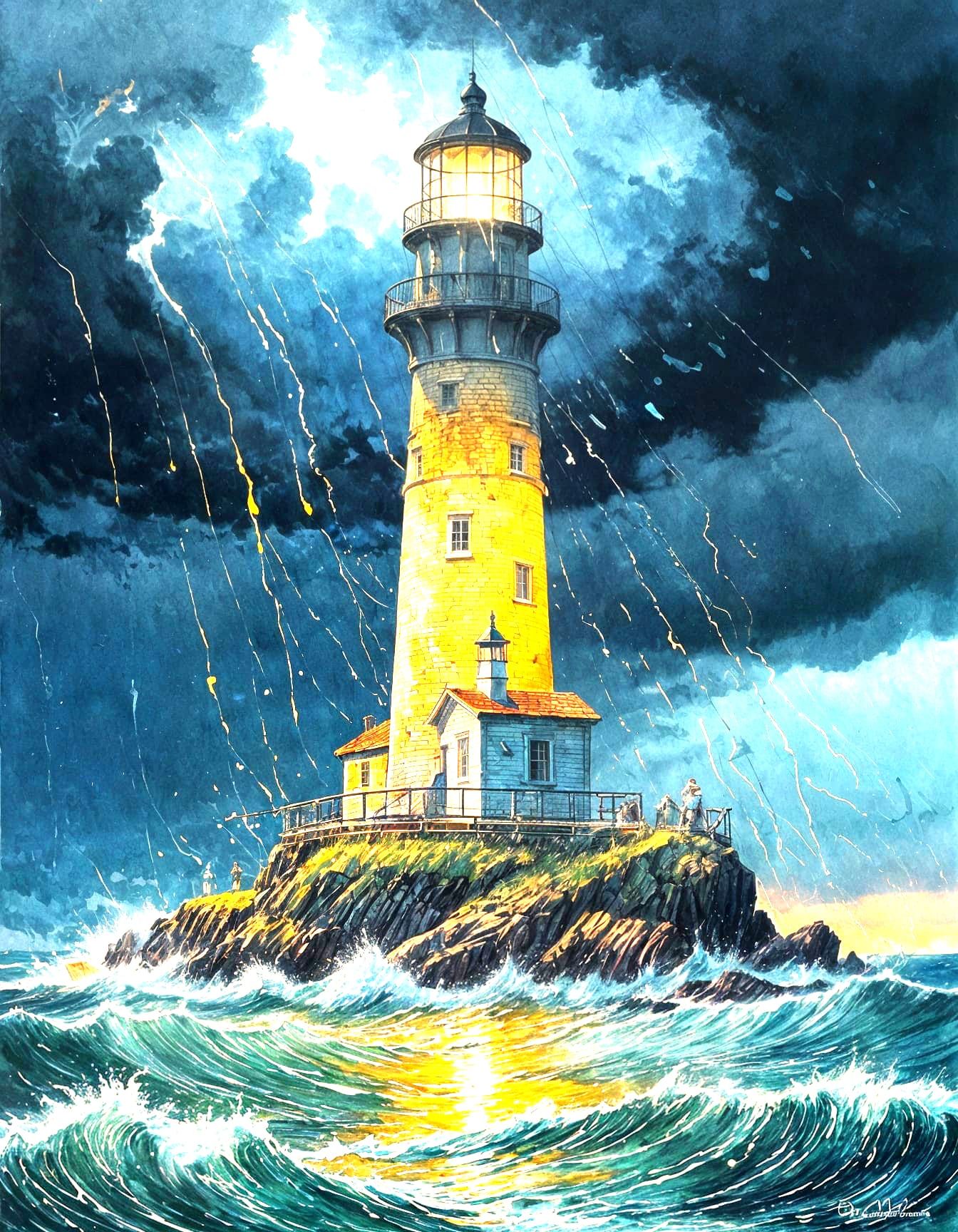 Lighthouse in Storm at Sunset: Impressionistic Digital Art