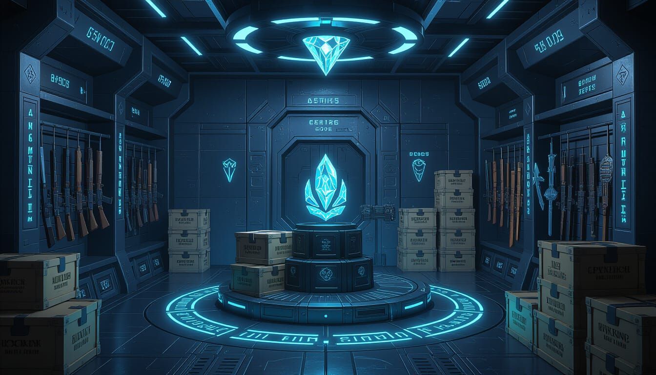 Cyberpunk Armory with Enchanted Gear and Rune Lights