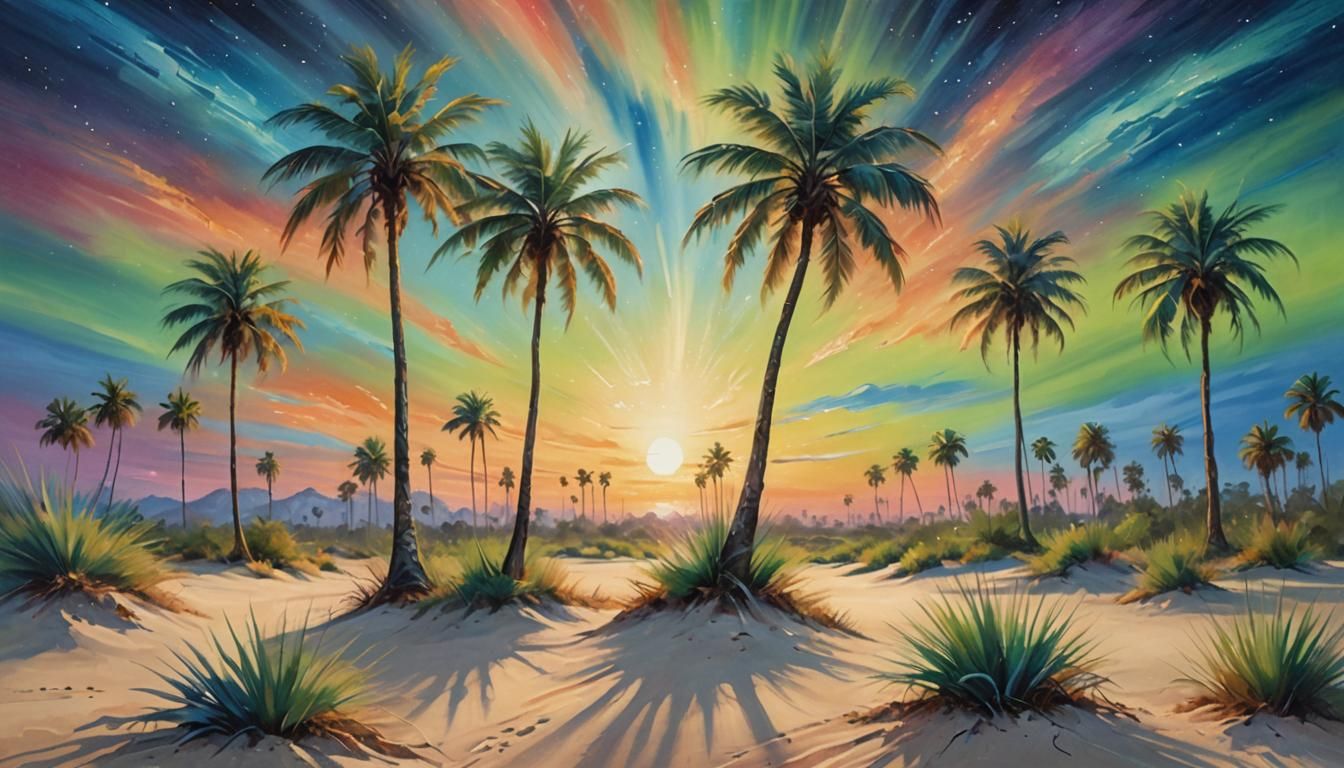 Alien Sunset with Translucent Palms, Impressionist Oil Paint...
