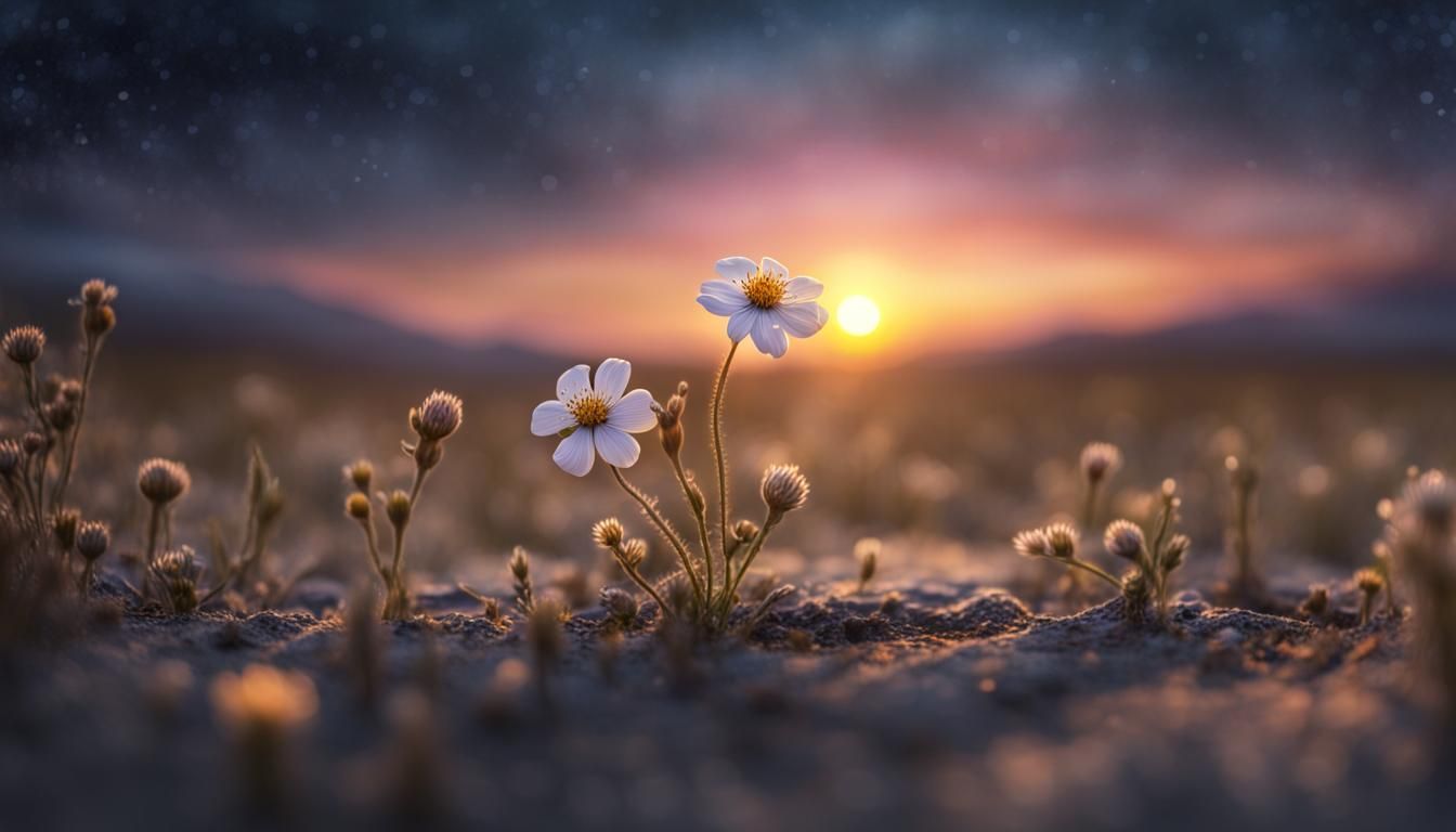 Ornate Flower Blooms on Battlefield at Sunset