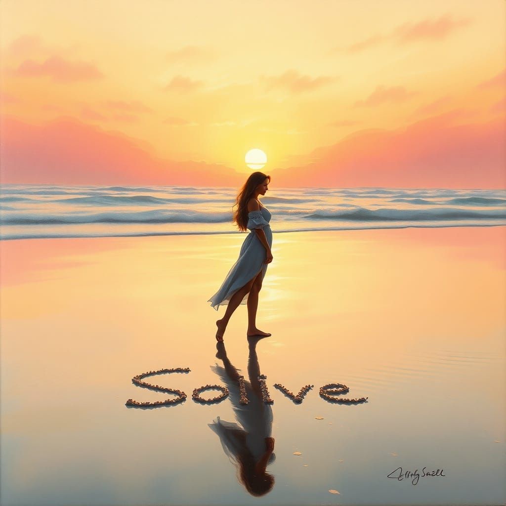 Woman Writing Name in Sand at Golden Hour Beach