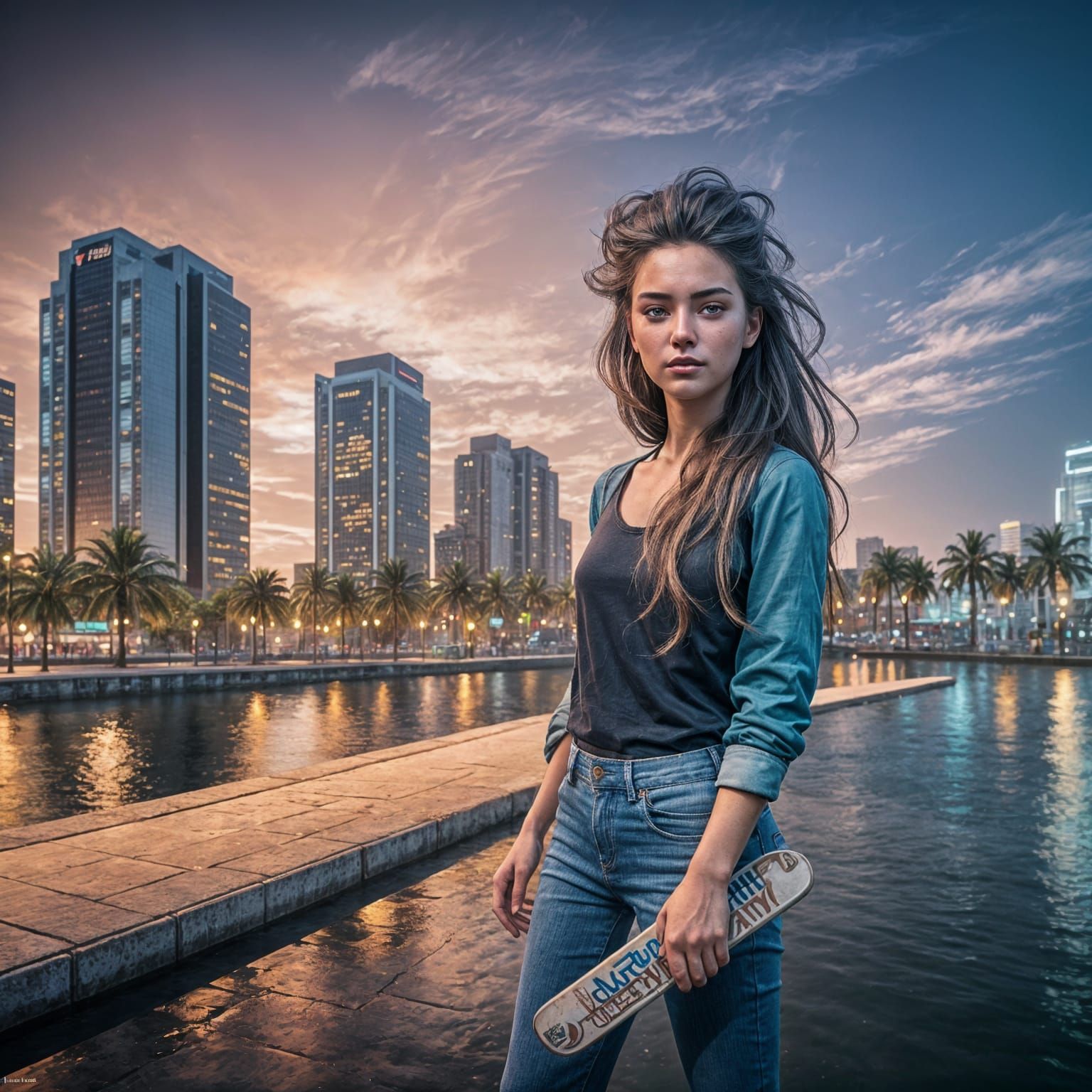 Surreal Skater Girl in Triadic Colors with Dynamic Lighting