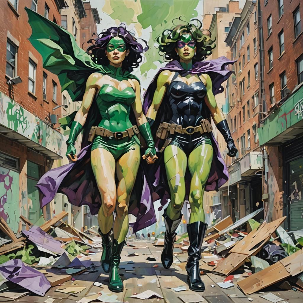 Dynamic Superheroine Duo in Abstract Expressionist Style