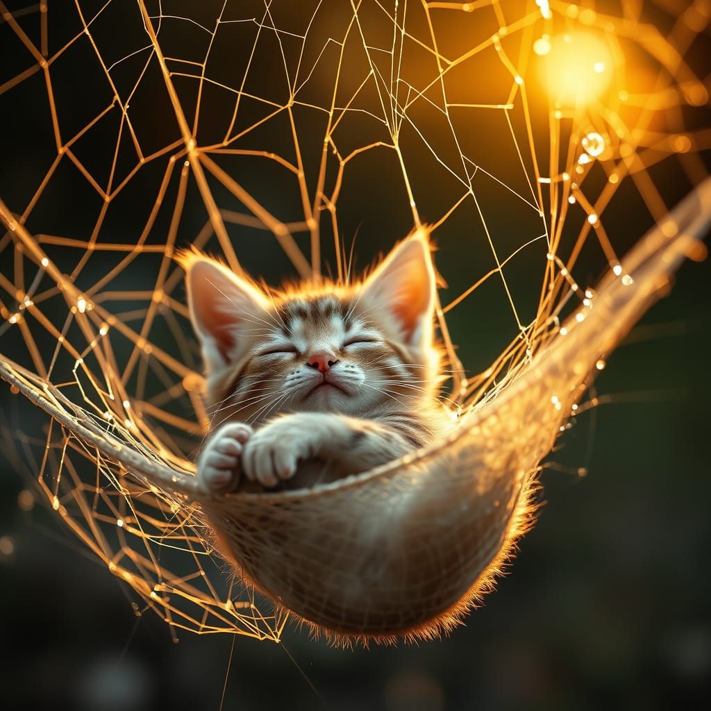 Photorealistic Kitten Sleeping in Spiderweb Hammock at Sunri...