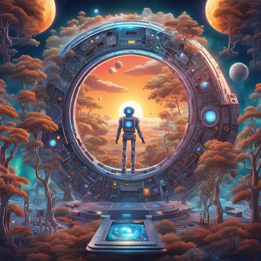 Miniature Dancers Inside Robot Eyes on Moonlit Sunrise