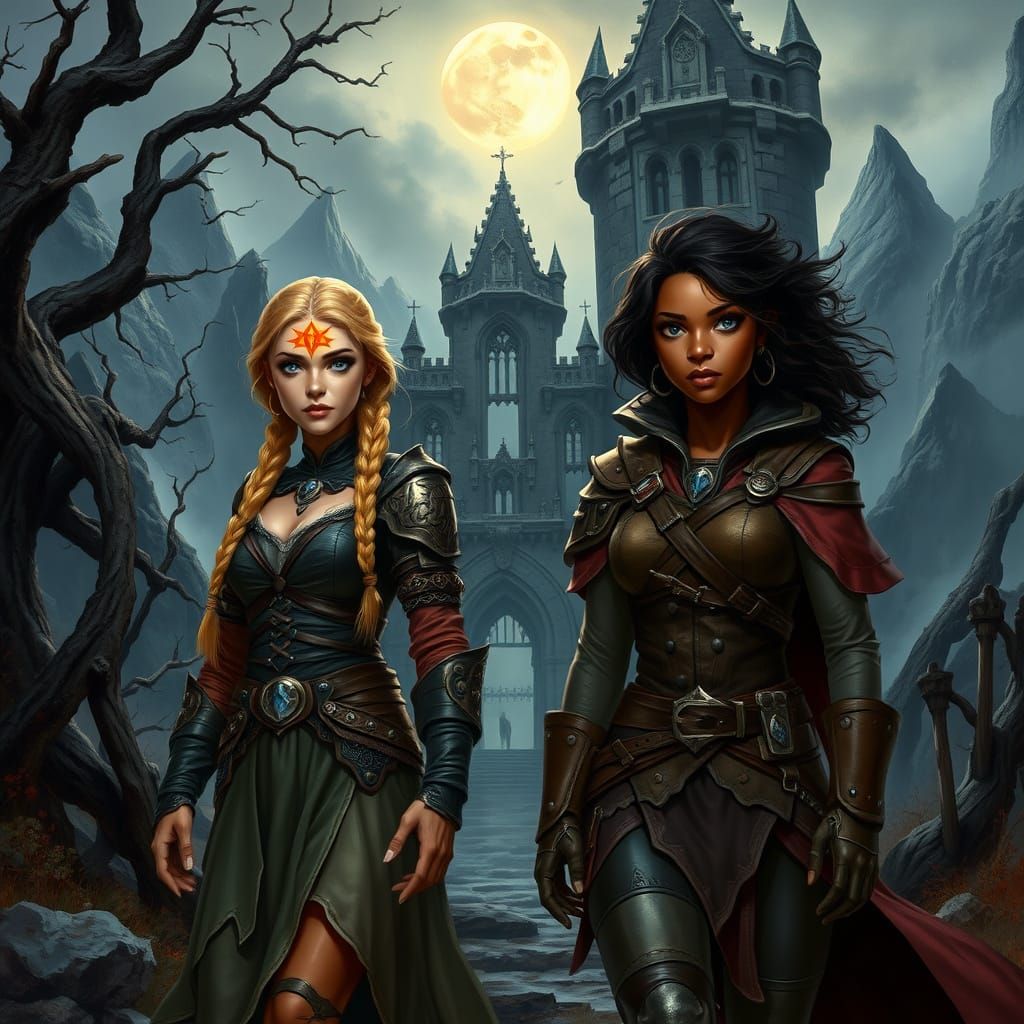 Fantasy Women Approach Haunted Castle in Grimdark Landscape