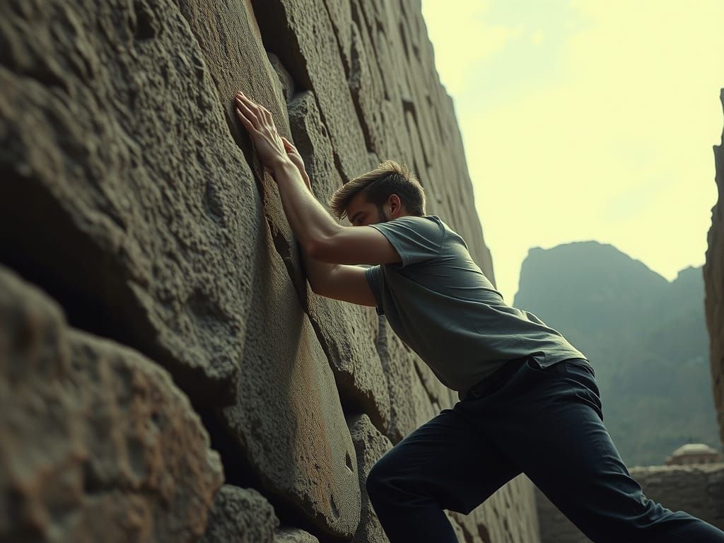 Man Struggles Against Immense Stone Wall - Cinematic Film St...