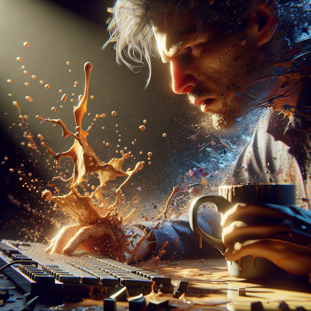 Hyperrealistic Concept Art: Coffee Spill Frustration