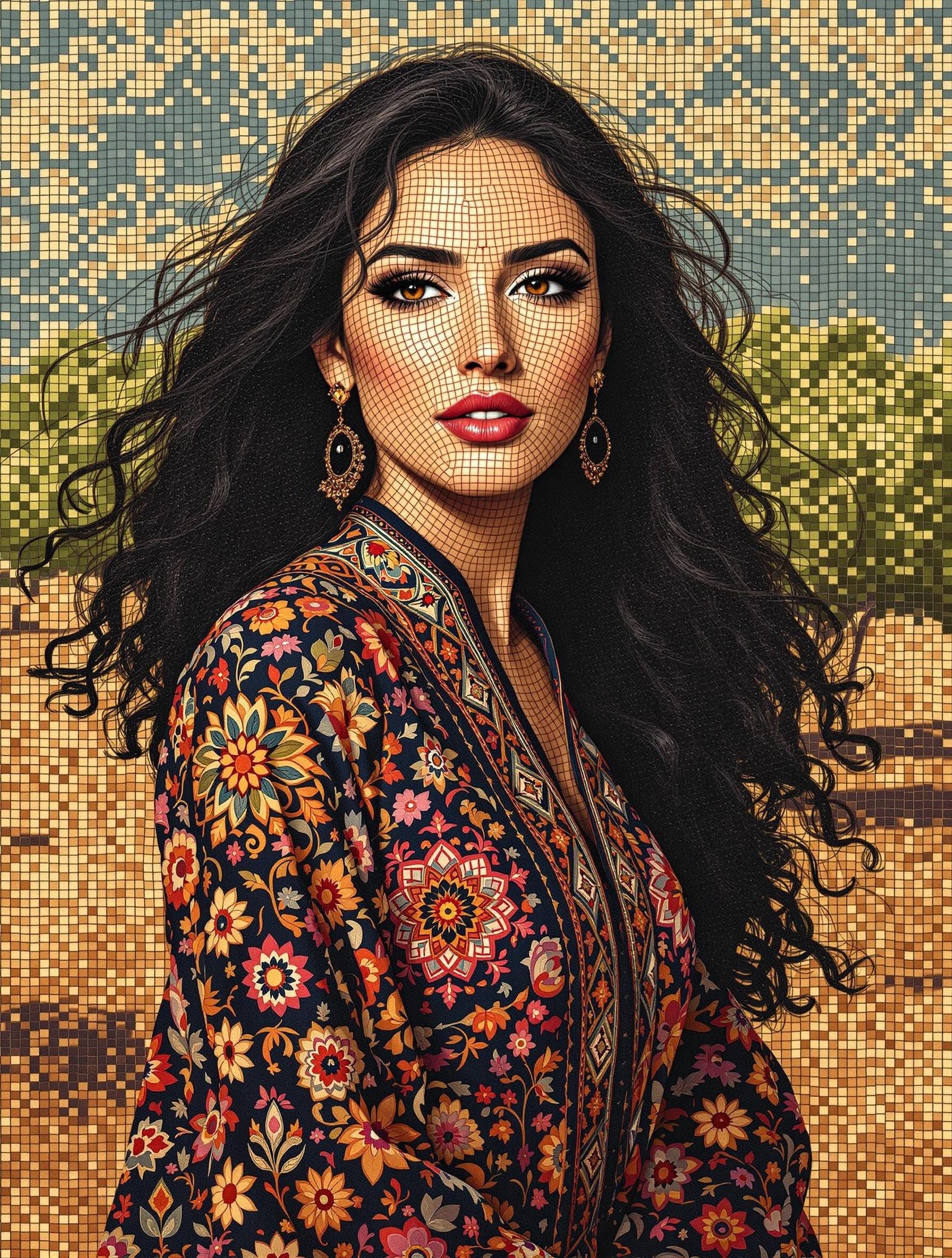 Palestinian Woman Portrait in Mosaic Style