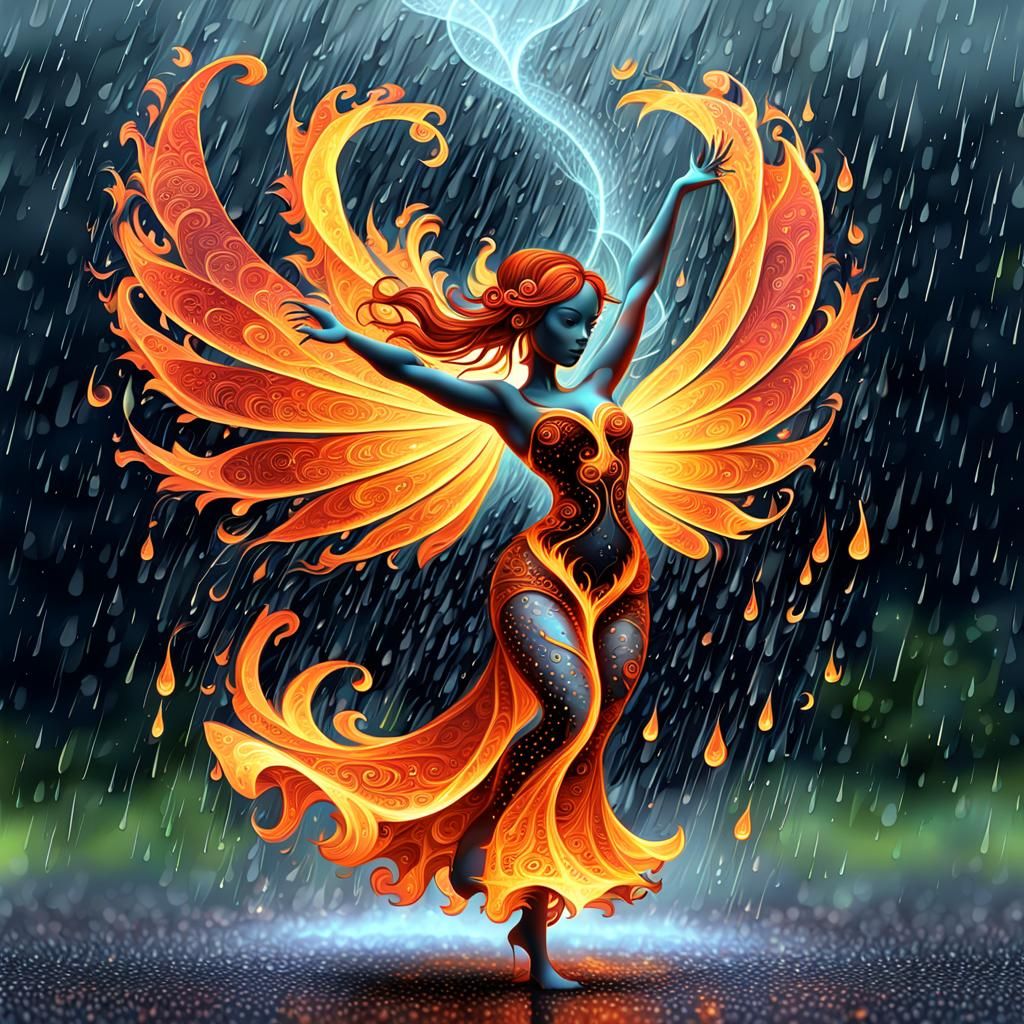Fire Fairy Dances in Rain with Fractal Art
