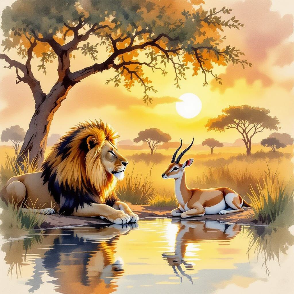 Lion and Gazelle Share Watering Hole at Golden Hour