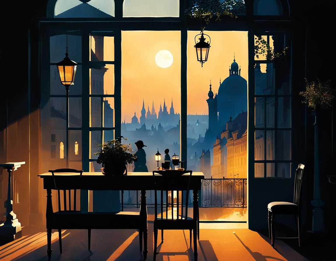Prague in Warm Golden Evening Light, in Watercolor Style