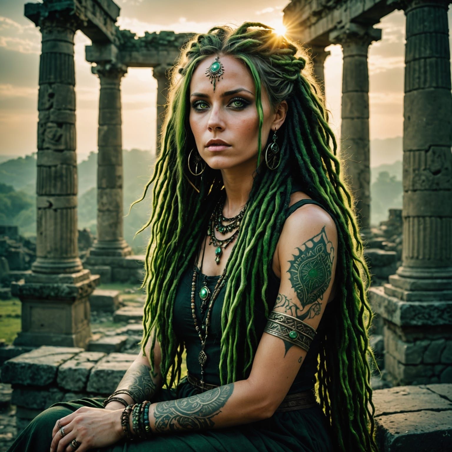 Ethereal Green Woman in Ancient Ruins